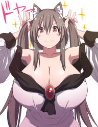 Rule 34 | 1girl, animal ear fluff, animal ears, arms up, bare shoulders, blush stickers, breasts, brooch, brown hair, bunching hair, closed mouth, collarbone, commentary request, dress, hair between eyes, huge breasts, imaizumi kagerou, jewelry, long hair, looking at viewer, off shoulder, otoufu (wddkq314band), red eyes, simple background, smile, solo, touhou, upper body, v-shaped eyebrows, very long hair, white background, white dress, wolf ears