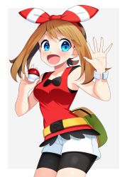 Rule 34 | 1girl, bad id, bad pixiv id, bike shorts, blouse, blue eyes, breasts, brown hair, cowboy shot, creatures (company), eyebrows, game freak, highres, long hair, may (pokemon), nintendo, open mouth, poke ball, poke ball (basic), pokemon, pokemon oras, red shirt, shirt, short shorts, shorts, simple background, sleeveless, sleeveless shirt, smile, solo, standing, white background, yuihico
