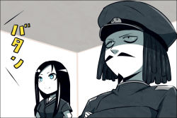 Rule 34 | 10s, 1boy, 1girl, abyssal admiral (kancolle), abyssal ship, admiral (kancolle), admiral suwabe, beard, black hair, blue eyes, comic, crossed arms, facial hair, hat, k-suwabe, kantai collection, long hair, military, military uniform, mustache, naval uniform, pale skin, ru-class battleship, shaded face, translation request, uniform