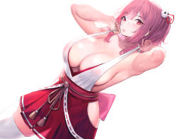 Rule 34 | 1girl, absurdres, armpits, arms up, azur lane, blush, breasts, cleavage, clothes pull, covered erect nipples, dead or alive, dead or alive 5, hair ornament, hair ribbon, hakama, hakama short skirt, hakama skirt, highres, hip vent, honoka (doa), japanese clothes, large breasts, long hair, looking at viewer, mochirong, one side up, parted lips, pink eyes, pink hair, ribbon, simple background, skindentation, skirt, skull hair ornament, solo, thighhighs, white background, white thighhighs, zettai ryouiki