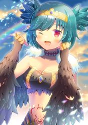 Rule 34 | 1girl, ;d, aqua hair, black wings, blue sky, breasts, circlet, cleavage, cloud, cloudy sky, collarbone, commission, copyright request, fang, feathered wings, kou hiyoyo, lens flare, looking at viewer, medium breasts, navel, one eye closed, open mouth, outdoors, pointy ears, red eyes, skeb commission, sky, smile, solo, stomach tattoo, sunset, tattoo, virtual youtuber, winged arms, wings