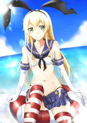 Rule 34 | 10s, 1girl, aoi usagi, bad id, bad pixiv id, bare legs, black panties, blonde hair, blush, cloud, crop top, day, elbow gloves, gloves, green eyes, innertube, kantai collection, looking at viewer, midriff, navel, ocean, panties, personification, pleated skirt, school uniform, serafuku, shimakaze (kancolle), shiny skin, skirt, sky, smile, solo, striped clothes, striped thighhighs, swim ring, thighhighs, torn clothes, torn thighhighs, underwear, wet, wet clothes