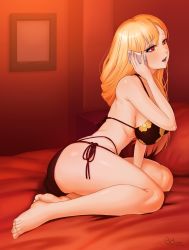 Rule 34 | 1girl, artist name, ass, barefoot, bbager, bed, bikini, black bikini, black choker, blonde hair, breasts, cellphone, choker, fake nails, floral print, from side, full body, gyaru, highres, holding, holding phone, indoors, kitagawa marin, large breasts, leaning to the side, long hair, nail polish, on bed, open mouth, phone, pillow, pink nails, raised eyebrows, red eyes, side-tie bikini bottom, sitting, smartphone, solo, sono bisque doll wa koi wo suru, swimsuit, talking on phone, teeth, thighs, upper teeth only