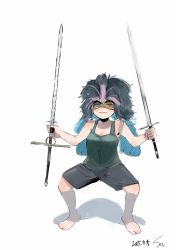 Rule 34 | 10s, 1girl, 2015, artist name, bare legs, bare shoulders, blue eyes, blue hair, breasts, cleavage, commentary request, cosplay, dated, domino mask, feathers, full body, holding, holding sword, holding weapon, ishida sui, kishida mel, kishida mel (cosplay), long hair, mask, matching hair/eyes, red eyes, shadow, shorts, simple background, smile, solo, standing, sword, tank top, tokyo ghoul, tokyo ghoul:re, twintails, weapon, white background, yonebayashi saiko, zweihander