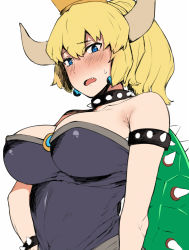 Rule 34 | 1girl, :o, arm at side, armlet, bare shoulders, black dress, blonde hair, blue eyes, blush, borrowed design, bowsette, bracelet, breasts, collar, crown, dress, earrings, fang, hai ookami, highres, horns, jewelry, large breasts, mario (series), md5 mismatch, new super mario bros. u deluxe, nintendo, ponytail, resolution mismatch, shell, source larger, spiked armlet, spiked bracelet, spiked collar, spikes, standing, super crown, upper body, white background