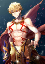 Rule 34 | 1boy, absurdres, armor, blonde hair, collarbone, ea (fate/stay night), earrings, fate (series), gilgamesh (fate), hair between eyes, highres, jewelry, looking at viewer, male focus, parted lips, red eyes, smile, solo, standing, tarao (13raven), topless male