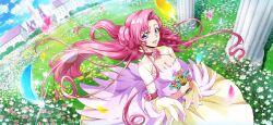 Rule 34 | 1girl, armband, artist request, blue flower, blue sky, breasts, castle, cleavage, cleavage cutout, clothing cutout, cloud, code geass, code geass: lost stories, day, dress, earrings, euphemia li britannia, falling petals, female focus, field, fisheye, flower, flower field, from above, game cg, grass, happy, highres, holding, holding flower, jewelry, long dress, long hair, long sleeves, looking at viewer, medium breasts, neck flower, non-web source, official art, open mouth, orange flower, outdoors, own hands together, petals, pink dress, pink flower, pink hair, pink rose, purple eyes, red flower, rose, sidelocks, sky, smile, solo, sparkle, standing, two-tone dress, very long hair, wide sleeves, wind