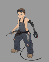 Rule 34 | 1boy, amputee, beige background, brown hair, dirty, dirty clothes, dirty face, folder (69loremipsum), full body, goggles, goggles on head, grey background, highres, male focus, mechanical arms, naked overalls, original, overalls, prosthesis, prosthetic arm, shoes, simple background, single mechanical arm, smile, solo, torn clothes, white background