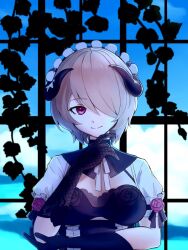 Rule 34 | 1girl, black gloves, blue sky, brown hair, closed mouth, cloud, cloudy sky, dress, frilled dress, frills, gloves, hair over one eye, honkai (series), honkai impact 3rd, kagami25, looking at viewer, maid, maid headdress, mole, mole under mouth, purple eyes, rita rossweisse, rita rossweisse (umbral rose), short hair, sky, smile, solo, upper body