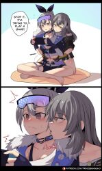 Rule 34 | 2girls, 2koma, barefoot, black shorts, blush, bow, collarbone, comic, commentary, english commentary, english text, fur-trimmed jacket, fur trim, goggles, goggles on head, grey eyes, grey hair, hair bow, handheld game console, hands on another&#039;s stomach, high ponytail, highres, hinghoi, holding, holding handheld game console, honkai: star rail, honkai (series), hug, hug from behind, jacket, licking, licking another&#039;s neck, licking another&#039;s neck, long hair, looking at another, midriff, multiple girls, navel, nintendo switch, open mouth, patreon username, saliva, short shorts, shorts, silver wolf (honkai: star rail), sitting, stelle (honkai: star rail), sweatdrop, tongue, tongue out, trailblazer (honkai: star rail), yellow eyes, yuri