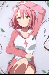Rule 34 | 1girl, animal ears, arm up, bang dream!, bear ears, bear tail, commentary request, expressionless, hair ornament, hairclip, harusawa, hood, hood down, hoodie, humanization, leaf, long sleeves, looking at viewer, lying, michelle (bang dream!), on back, pink hair, pink hoodie, short hair, solo, tail, yellow eyes