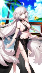 Rule 34 | 1girl, ahoge, arm strap, beach umbrella, between breasts, bikini, black bikini, black sarong, blue sky, bracelet, braid, breasts, cleavage, cloud, collarbone, craft essence (fate), day, fate/grand order, fate (series), head tilt, heroic spirit festival outfit, jeanne d&#039;arc alter (swimsuit berserker) (fate), jeanne d&#039;arc (fate), jeanne d&#039;arc alter (fate), jeanne d&#039;arc alter (festival outfit) (fate), jeanne d&#039;arc alter (swimsuit berserker) (fate), jewelry, large breasts, long hair, looking at viewer, low-tied long hair, low twintails, necklace, ocean, official art, pale skin, palm tree, quad braids, sarong, side braids, silver hair, sky, solo, sunlight, swimsuit, takeuchi takashi, tree, twintails, umbrella, very long hair, yellow eyes