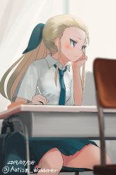 Rule 34 | 1girl, assam (girls und panzer), autism wanderer, bad id, bad twitter id, black neckwear, black ribbon, blonde hair, blue eyes, blue skirt, blurry, blurry background, chair, classroom, commentary, dated, desk, dress shirt, elbow rest, girls und panzer, hair pulled back, hair ribbon, head rest, highres, holding, holding pen, indoors, long hair, looking to the side, loose necktie, miniskirt, necktie, one-hour drawing challenge, pen, pleated skirt, ribbon, school chair, school desk, school uniform, shirt, short sleeves, sitting, skirt, st. gloriana&#039;s school uniform, summer uniform, twitter username, white shirt, wing collar