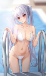 Rule 34 | 1girl, bare arms, bare shoulders, bikini, blurry, breasts, cleavage, collarbone, depth of field, doggo34476335, halterneck, highres, large breasts, long hair, looking at viewer, navel, original, parted lips, pool ladder, red eyes, solo, stomach, string bikini, sunlight, swimsuit, thighs, twintails, very long hair, white bikini, white hair