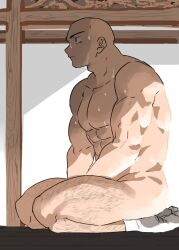Rule 34 | 1boy, bald, bara, from side, fugur6 fugur9, highres, indoors, looking ahead, male focus, mature male, muscular, muscular male, no nipples, nude, original, pectorals, profile, sanpaku, seiza, sitting, socks, solo, sunlight, sweat, thick eyebrows, thick leg hair, thighs, very sweaty
