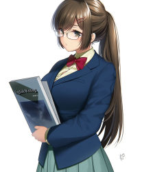 Rule 34 | 1girl, blue jacket, blue skirt, blush, bow, bowtie, breasts, brown eyes, brown hair, button gap, closed mouth, collared shirt, commentary request, dress shirt, glasses, hair ornament, hairclip, head tilt, high ponytail, highres, holding, holding notebook, jacket, large breasts, long hair, looking at object, notebook, original, parted bangs, pleated skirt, ponytail, red bow, red bowtie, school uniform, serafuku, shirt, sidelocks, signature, skirt, solo, suzuki nene, swept bangs, yellow shirt