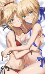 Rule 34 | 2girls, artoria pendragon (all), artoria pendragon (fate), artoria pendragon (swimsuit archer) (fate), bed sheet, bikini, blonde hair, breasts, closed mouth, commentary request, eyebrows hidden by hair, fate/grand order, fate (series), green eyes, hand on another&#039;s head, highres, hug, long hair, looking at viewer, medium breasts, mordred (fate), mordred (fate) (all), mordred (swimsuit rider) (fate), mother and daughter, multiple girls, navel, saber (fate), side-tie bikini bottom, smile, swimsuit, tonee, untied bikini