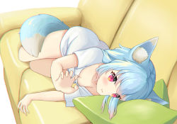 Rule 34 | 1girl, absurdres, animal ears, bare legs, blue hair, blue tail, breasts, claw pose, cleavage, couch, cumianjun, female focus, fox ears, fox tail, gradient hair, highres, light blush, lying, multicolored hair, on couch, on side, original, pillow, pout, red eyes, red hair, shirt, short hair, simple background, solo, t-shirt, tail, white background, white shirt