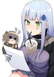 Rule 34 | 2girls, breast envy, breasts, brown hair, bubble tea challenge, chibi, commentary request, cup, disposable cup, drinking, drinking straw, facial mark, girls&#039; frontline, girusyu1945, gloves, green eyes, hair between eyes, highres, hk416 (girls&#039; frontline), holding, holding knife, holding paper, imminent murder, jacket, knife, large breasts, long hair, looking at another, miniskirt, multiple girls, object on breast, paper, pleated skirt, reading, scar, scar across eye, scar on face, sidelocks, silver hair, simple background, skirt, squiggle, ump45 (girls&#039; frontline), white background