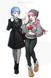 Rule 34 | 2girls, absurdres, beanie, blue hair, blunt bangs, brown eyes, commentary, cup, disposable cup, english commentary, female focus, fire emblem, fire emblem: three houses, full body, hair bun, hat, highres, hilda valentine goneril, holding, holding cup, hood, hood down, hoodie, leaf print, long hair, long sleeves, maple leaf print, marianne von edmund, matching hair/eyes, multiple girls, nintendo, open mouth, pink eyes, pink hair, silvercandy gum, simple background, single hair bun, standing, teeth, tongue, twitter username, watermark, white background