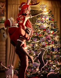 Rule 34 | breasts, cat, christmas, christmas ornaments, christmas tree, clickdraws, couple, dog, hat, highres, large breasts, open mouth, red hair, santa hat, self-upload, skirt, smile