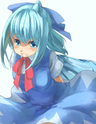 Rule 34 | 1girl, blue dress, blue eyes, blue hair, blush, bow, cirno, dress, grin, hair bow, highres, ice, ice wings, kanzen bouon, matching hair/eyes, puffy short sleeves, puffy sleeves, shirt, short sleeves, simple background, smile, solo, touhou, wings