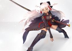 Rule 34 | 1girl, ahoge, arm guards, black bow, black coat, boots, bow, cleavage cutout, clothing cutout, coat, dark-skinned female, dark skin, dress, fate/grand order, fate (series), hair between eyes, hair bow, high collar, highres, holding, holding sword, holding weapon, katana, long hair, okita souji (fate), okita souji alter (fate), red dress, red scarf, reuri (tjux4555), scabbard, scarf, sheath, sheathed, short dress, solo, sword, tassel, thigh boots, thighhighs, weapon, white eyes, white hair