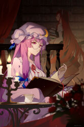 Rule 34 | 2girls, black dress, book, candle, crescent, crescent hat ornament, cup, demon wings, dress, fingernails, flower, glasses, hanamoto410, hat, hat ornament, head wings, highres, holding, holding book, indoors, juliet sleeves, koakuma, long hair, long sleeves, mob cap, multiple girls, nail polish, open book, patchouli knowledge, puffy sleeves, purple dress, purple eyes, purple hair, purple headwear, purple nails, red eyes, red flower, red hair, red rose, rose, round eyewear, sidelocks, striped clothes, striped dress, touhou, twitter username, vertical-striped clothes, vertical-striped dress, wings