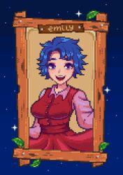 Rule 34 | 1girl, blue hair, breasts, commentary, dress, emily (stardew valley), english commentary, highres, leaf, medium breasts, mimpish, open mouth, pink skirt, pixel art, purple eyes, red dress, short hair, skirt, skirt hold, smile, solo, star (sky), stardew valley, upper body