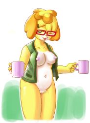 Rule 34 | 1girl, animal crossing, animal ears, blonde hair, border, cleft of venus, collarbone, cowboy shot, cup, dog ears, dog tail, female focus, furry, glasses, green eyes, hair over one eye, holding mug, isabelle (animal crossing), legs together, looking at viewer, looking down, minuspal, mug, naked vest, navel, nintendo, nipples, nude, open clothes, open vest, outline, pubic hair, pussy, shirt, short hair, simple background, smile, solo, standing, tail, thighs, tongue, tongue out, uncensored, vest, white background, white border, white outline, yellow fur
