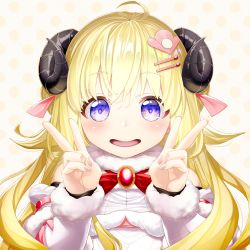 Rule 34 | 1girl, ahoge, animal ears, blush, brooch, commentary, detached sleeves, double v, dress, fenrir (fenlil0316), fur-trimmed dress, fur trim, hair between eyes, hair ornament, hairclip, highres, hololive, horns, jewelry, long hair, long sleeves, looking at viewer, open mouth, polka dot, polka dot background, portrait, purple eyes, red ribbon, ribbon, sheep ears, sheep horns, simple background, smile, solo, tsunomaki watame, tsunomaki watame (1st costume), v, virtual youtuber, white dress, yellow background