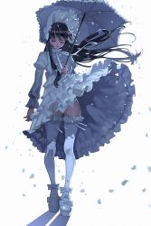 Rule 34 | 1girl, arutera, black hair, bonnet, bow, closed mouth, clothes lift, commentary, dress, dress lift, closed eyes, frilled dress, frilled thighhighs, frills, full body, garter straps, gothic lolita, highres, lolita fashion, long hair, long sleeves, original, panties, pantyshot, parasol, petals, platform footwear, revision, solo, standing, thighhighs, umbrella, underwear, white dress, white panties, white thighhighs, wind, wind lift
