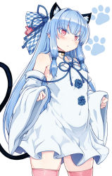 Rule 34 | 1girl, animal ears, bare shoulders, bell, blue eyes, blue hair, blunt bangs, blush, bow, cat ears, cat tail, collar, colored eyelashes, covered navel, detached sleeves, dress, eyelashes, hair bow, hair ribbon, highres, kotonoha aoi, long hair, neck bell, null (nyanpyoun), pink thighhighs, red eyes, ribbon, sleeveless, sleeveless dress, solo, tail, thighhighs, voiceroid, white background, wide sleeves