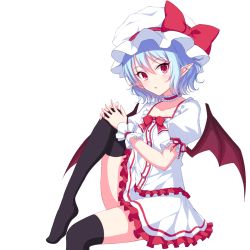 Rule 34 | 1girl, bat wings, black thighhighs, blue hair, blush, bow, frills, hat, junior27016, looking at viewer, miniskirt, mob cap, pointy ears, puffy sleeves, red eyes, remilia scarlet, ribbon, short hair, short sleeves, simple background, skirt, skirt set, solo, thighhighs, thighs, touhou, white background, wings, wrist cuffs, zettai ryouiki