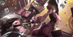Rule 34 | 1girl, adjusting clothes, adjusting headwear, axe, blurry, blurry background, brown hair, card, character name, from below, gloves, hat, hat feather, heart, okumura haru, pants, persona, persona 5, persona 5 the royal, playing card, purple gloves, purple pants, short hair, solo, standing, vafar7, weapon