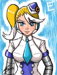 Rule 34 | 1girl, blonde hair, blue eyes, borockman, breasts, call (mighty no. 9), call e, expressionless, eyeshadow, fringe trim, garrison cap, hat, headset, lips, makeup, mighty no. 9, multicolored hair, necktie, robot, robot ears, side ponytail, solo, two-tone hair, white hair