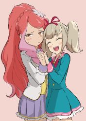 Rule 34 | 2girls, :d, :t, aikatsu! (series), aikatsu on parade!, big hair, blue dress, blush, buttons, closed mouth, dot nose, double-breasted, dress, elza forte, embarrassed, closed eyes, facing viewer, flower, grey hair, hair flower, hair ornament, hair ribbon, holding hands, highres, interlocked fingers, jacket, kiseki raki, long hair, long sleeves, miniskirt, multiple girls, open clothes, open jacket, open mouth, osame, pink background, pleated skirt, ponytail, purple skirt, red hair, red ribbon, ribbon, simple background, skirt, smile, sweatdrop, twintails, very long hair, white flower, white jacket