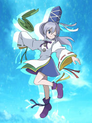 Rule 34 | 1girl, asatsuki (fgfff), blue eyes, blue hat, blue skirt, closed mouth, full body, grey hair, hair between eyes, hat, highres, japanese clothes, kariginu, lily pad, long hair, mononobe no futo, one eye closed, parody, pom pom (clothes), ponytail, purple footwear, ribbon-trimmed sleeves, ribbon trim, skirt, sleeves past fingers, sleeves past wrists, smile, solo, style parody, sugimori ken (style), tate eboshi, touhou, wide sleeves
