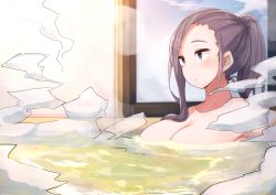 Rule 34 | 10s, 1girl, alternate hairstyle, bath, bathing, blue eyes, blush, breasts, collarbone, commentary request, high ponytail, indoors, kagamihara sakura, large breasts, long hair, nude, onsen, partially immersed, partially submerged, plan (planhaplalan), purple hair, sitting, solo, steam, swept bangs, water, wet, wet hair, yurucamp