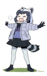 Rule 34 | 10s, 1girl, ^ ^, absurdres, animal ears, black bow, black bowtie, black footwear, black gloves, black hair, black skirt, bow, bowtie, closed eyes, commentary request, common raccoon (kemono friends), down jacket, fang, full body, fur collar, gloves, grey hair, grey pantyhose, highres, jacket, kemono friends, multicolored hair, outstretched arms, pantyhose, raccoon ears, raccoon tail, shoes, short hair, simple background, skirt, solo, spread arms, standing, tail, tamin, twitter username, white background