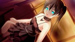 Rule 34 | 1girl, :d, backlighting, bare arms, black dress, black hair, breasts, brown eyes, cleavage, dress, game cg, hair between eyes, hair ribbon, hyakki ryouran no yakata, indoors, jewelry, layered dress, long hair, looking at viewer, m&amp;m, medium breasts, mikado ririka, necklace, open mouth, red ribbon, ribbon, short dress, sitting, sleeveless, sleeveless dress, smile, solo, twintails
