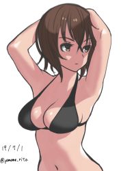 Rule 34 | 1girl, armpits, arms behind head, arms up, bikini, black bikini, breasts, brown eyes, brown hair, cleavage, closed mouth, commentary, dated, girls und panzer, light frown, looking to the side, medium breasts, navel, nishizumi maho, one-hour drawing challenge, short hair, simple background, solo, swimsuit, twitter username, upper body, white background, yamano rita