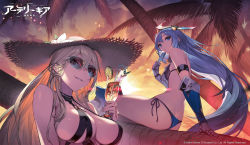 Rule 34 | 2girls, ainezu, alma (artery gear), armor, artery gear, artery gear: fusion, ass, bikini, black bikini, blonde hair, blue bikini, blue eyes, blue hair, breasts, butt crack, cleavage, cloud, covered erect nipples, cup, drinking glass, drinking straw, food, grin, hat, highres, holding, holding cup, laurel (artery gear), laurel (artery gear), long hair, mechanical arms, mole, mole under eye, multiple girls, official art, outdoors, palm tree, popsicle, sitting, smile, straw hat, sunglasses, sunset, swimsuit, tree
