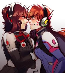 Rule 34 | 2girls, angry, bodysuit, brown eyes, brown hair, commentary, crossed arms, d.mon (overwatch), d.va (overwatch), english commentary, eye contact, face-to-face, facial mark, flipped hair, headphones, lightning glare, long hair, looking at another, medium hair, multiple girls, noses touching, onsta, overwatch, overwatch 1, pilot suit, shoulder pads, teeth, whisker markings