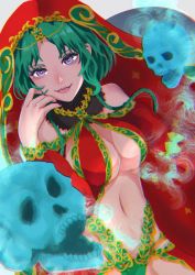 Rule 34 | 1girl, absurdres, arabian clothes, bare shoulders, blue fire, braid, breasts, cleavage, closed mouth, detached sleeves, fate/grand order, fate (series), fire, flaming skull, floating skull, green hair, harem outfit, highres, itsuki isshiki, jewelry, large breasts, lips, looking at viewer, low twin braids, mole, mole on breast, nail polish, navel, puffy sleeves, purple eyes, purple nails, red vest, salome (fate), smile, solo, stomach, twin braids, upper body, veil, vest, white background
