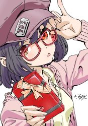 Rule 34 | 1girl, :p, adjusting eyewear, black hair, box, cabbie hat, cardigan, collarbone, dutch angle, fujimoto satoru, gift, gift box, hands up, hat, highres, holding, holding gift, long sleeves, looking at viewer, open cardigan, open clothes, original, pink cardigan, pinky out, red-framed eyewear, red eyes, shirt, short hair, simple background, solo, tongue, tongue out, valentine, white background, yellow shirt