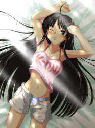 Rule 34 | 00s, 1girl, akiyama mio, black hair, blue eyes, blue panties, blush, casual, clothes lift, clothes pull, k-on!, long hair, lying, midriff, na! (na&#039;mr), on back, one eye closed, open clothes, open fly, open shorts, outstretched arms, panties, shirt lift, shorts, shorts pull, solo, spread arms, striped clothes, striped panties, tears, underwear, unzipped, wince, wink, zipper, zipper pull tab