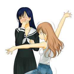 Rule 34 | 00s, 2girls, a1 (initial-g), ass, black hair, blonde hair, blush, clenched hand, covering own mouth, denim, jeans, long hair, looking away, maria-sama ga miteru, multiple girls, ogasawara sachiko, outstretched arms, pants, school uniform, simple background, tank top, tears, toudou shimako, very long hair, what, wince