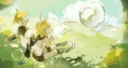 Rule 34 | 1boy, 1girl, ahoge, aqua eyes, back, bare shoulders, between legs, blonde hair, blue sky, bow, bubble, blowing bubbles, bubble wand, cloud, crop top, detached sleeves, grass, hair bow, hair ornament, hairclip, hand between legs, headphones, headset, kagamine len, kagamine rin, leg warmers, looking at viewer, looking back, looking to the side, sailor collar, sailor shirt, shirt, short ponytail, short sleeves, shorts, sideways glance, sitting, sketch, sky, sleeveless, sleeveless shirt, turning head, vocaloid, white bow, zeriko