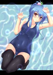 Rule 34 | 1girl, alternate headwear, bad id, bad pixiv id, black thighhighs, blue hair, brown eyes, covered navel, female focus, food, fruit, highres, hinanawi tenshi, letterboxed, long hair, one-piece swimsuit, peach, red eyes, school swimsuit, second heaven, skindentation, solo, swimsuit, thighhighs, touhou, wet, wet clothes